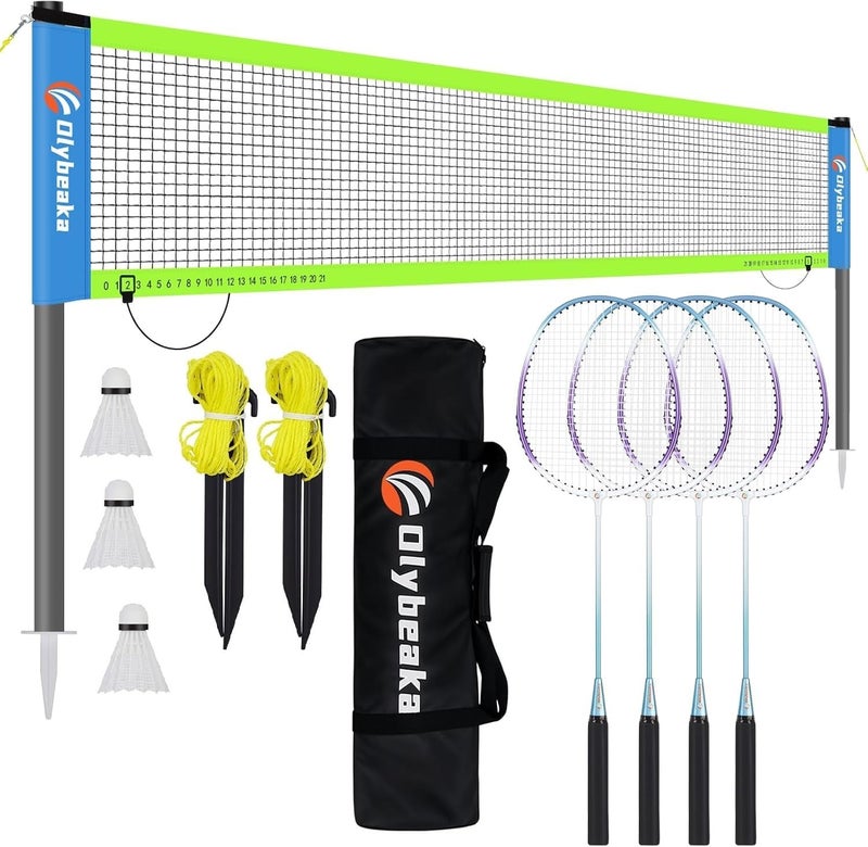 Olybeaka Outdoor Baminton Net Set for Backyard, Beach, Family Games with 20 * 3ft Anti-sag Net, 4 Aluminum Badminton Rackets, 3 Shuttlecocks, Carring Bag - Easy Set Up & Portable - Image 1